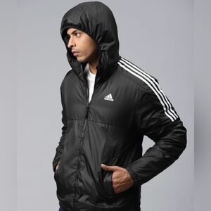 Adidas Essentials Three Stripes Insulated Hooded Men’s Black Puffer Jacket. S